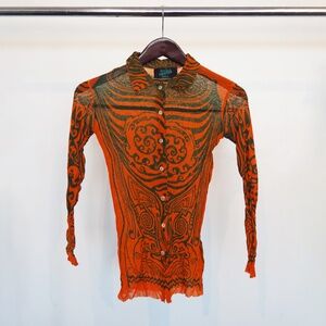 Jean Paul Gaultier Tribal Tattoo Print Mesh Button-up Shirt
